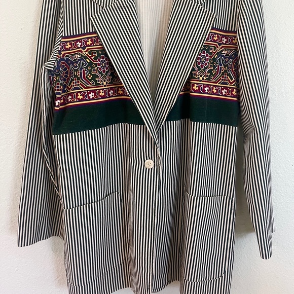 VINTAGE 80’s F Stop Cotton Green Striped Blazer - Picture 4 of 9